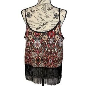 rue21 Women's XL Camisole Top Fringed Hem Boho Hippie Cropped Tank Floral Art